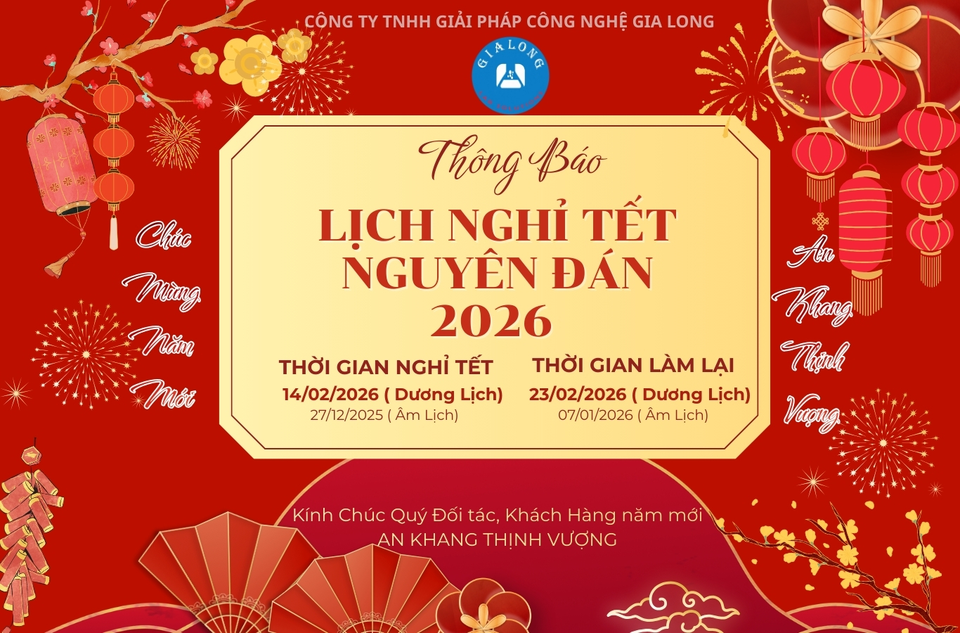 THÔNG BÁO LỊCH NGHỈ TẾT NGUYÊN ĐÁN 2026 